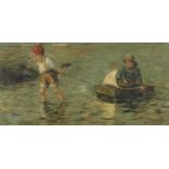 Two young boys playing in water, oil on board, bearing an indistinct signature possibly W