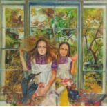 Diane Hills - Two young girls with birds, oil on board, framed, 90cm x 90cm : For Further