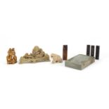 Chinese soapstone carvings including seals, the largest 17cm in length : For Further Condition