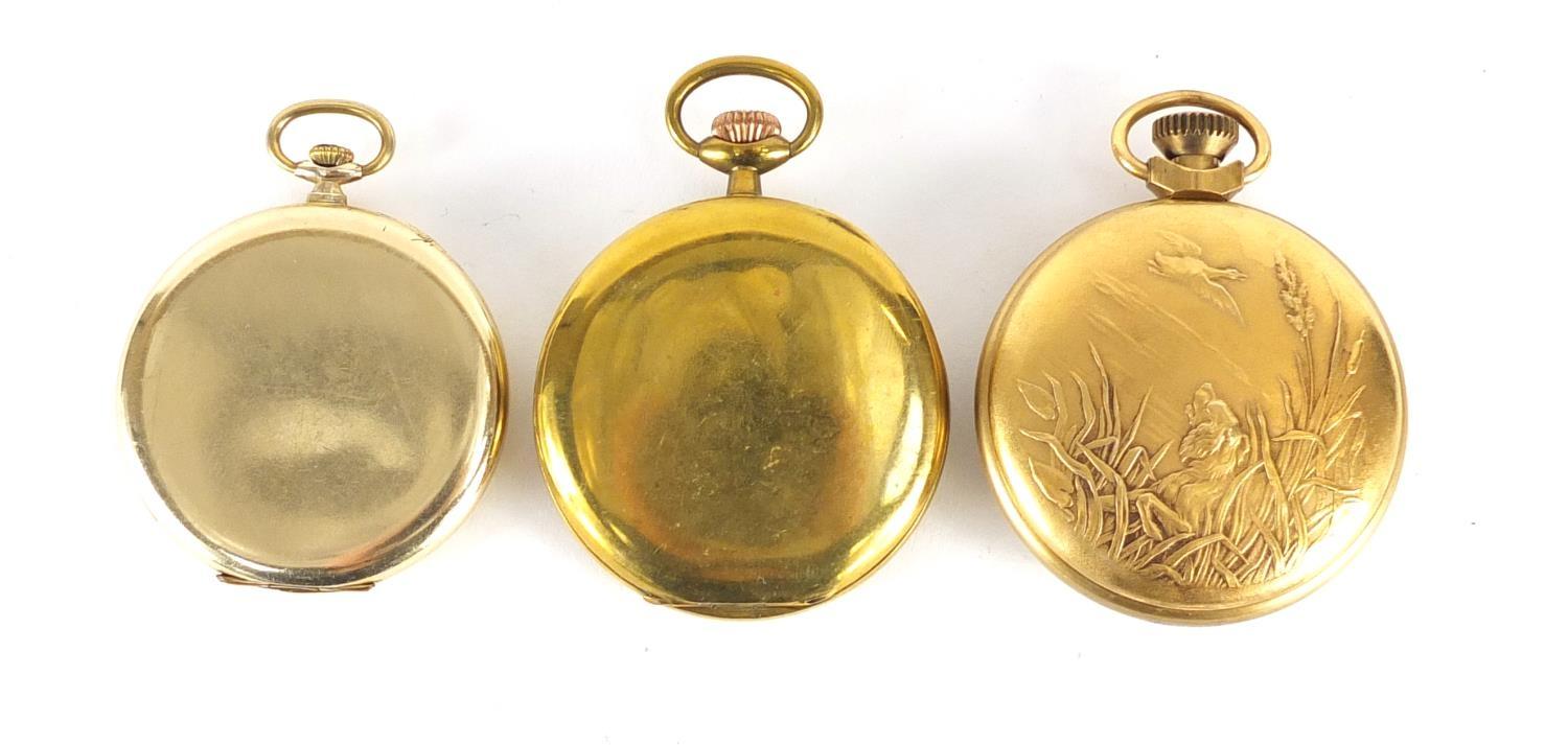 Three gentleman's gold plated open face pocket watches including Smiths and Tempo, the largest 5cm - Image 2 of 2