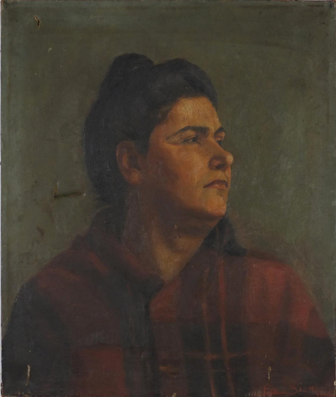 Head and shoulders portrait of a female, early 20th century oil on canvas, bearing a signature