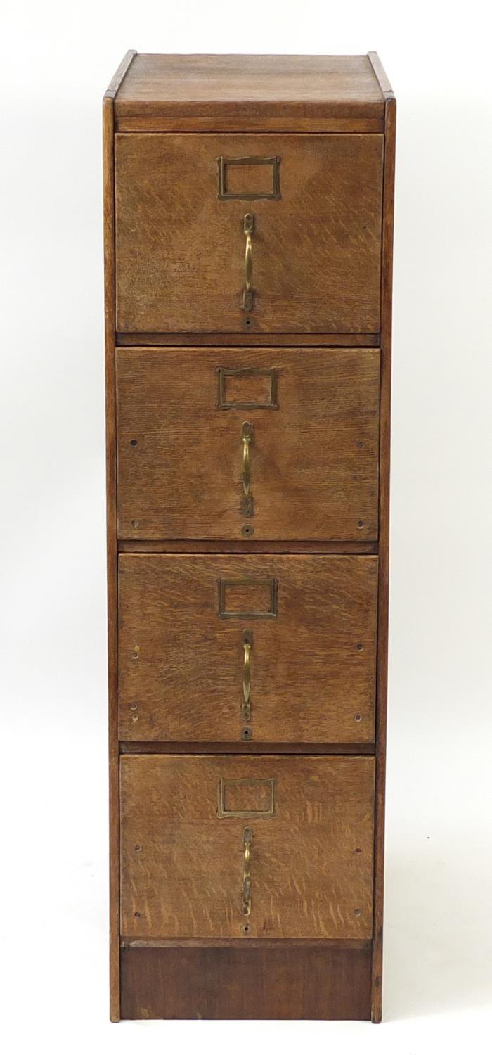 Industrial oak four drawer filing chest, 135cm H x 40cm W x 70cm D : For Further Condition Reports - Image 2 of 5