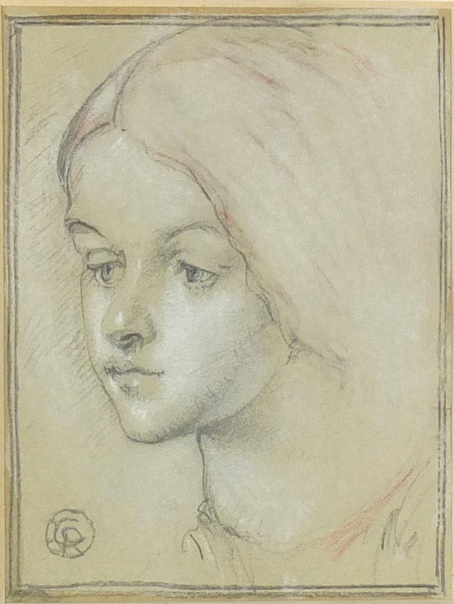 After D G Rossetti - Portrait of a female, pencil and chalk, inscribed verso, mounted and framed,