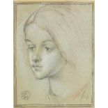After D G Rossetti - Portrait of a female, pencil and chalk, inscribed verso, mounted and framed,