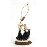 Continental porcelain figural table lamp in the form of two female dancers, possibly Royal Dux,
