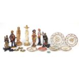 Decorative figures and plates including Italian pottery figures, carved onyx Chinese figures and