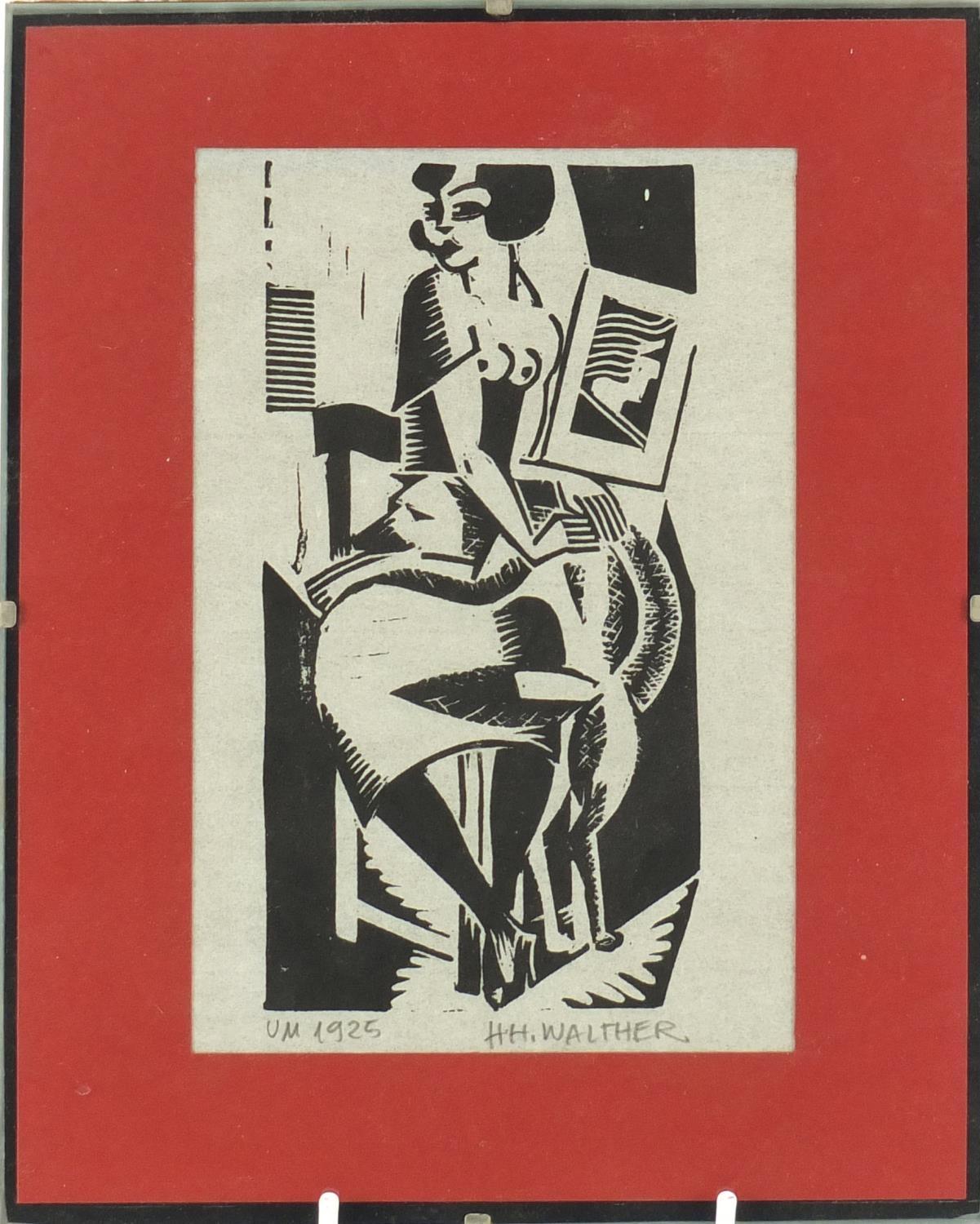 H H Walther - Semi nude female, woodblock engraving, mounted, 18.5cm x 12cm : For Further - Image 2 of 4