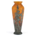Orange and green glass vase with floral pewter overlay, signed Moda, 36.5cm high : For Further