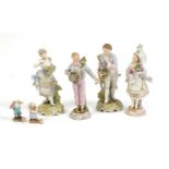 Six continental porcelain figures including two pairs, various factory marks, the largest 27cm