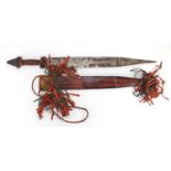 Large Middle Eastern steel bladed sword with leather sheath, 79cm in length : For Further