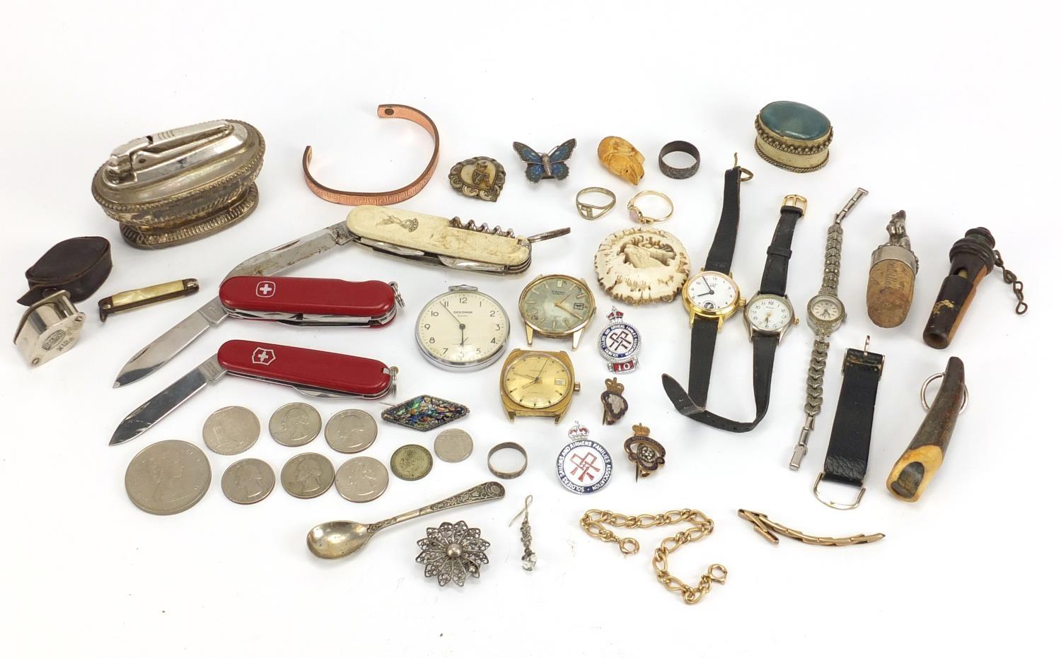 Objects including vintage pocket watches, folding pocket knives, costume jewellery and a Ronson