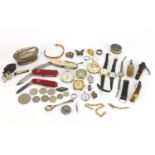 Objects including vintage pocket watches, folding pocket knives, costume jewellery and a Ronson