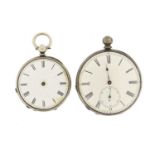 Two silver open face pocket watches with enamelled dials, the largest 4.5cm in diameter : For