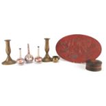 Miscellaneous items including a pair of coppered candlesticks, three Imari vases and a lacquered