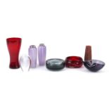 Art glassware including a Whitefriars ruby glass dish and pair of purple vases with silver