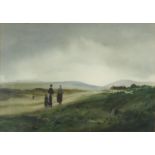 Edward Emerson - Figures and a dog before rolling hills, watercolour, mounted and framed, 51cm x