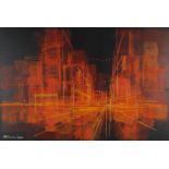 Abstract composition, cityscape, 1970's oil on board, bearing a signature Ellis, framed, 76.5cm x