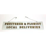 Vintage Fruiterer and Florist Local Deliveries advertising glass sign, 168cm x 36cm : For Further