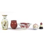 Chinese and Japanese ceramics including a miniature double gourd vase and a footed bowl, the largest