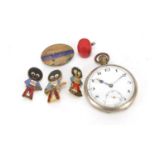 Gentleman's silver open face pocket watch and enamelled badges including Golden Shred and Railway