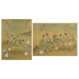 Two Chinese pictures on silk of young ladies gathered around a table, each mounted and framed,