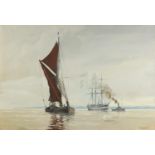 John Cotgrove - Sailing barge, tug and sailing ship, oil on board framed, 75cm x 50cm : For