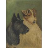 Two terriers, oil on board, earing an inscription To Daddy Naney F Moody, framed, 24.5cm x 18.