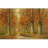 David Mead - Early Autumn landscape, oil on canvas, inscribed label and Stacey Marks labels verso,