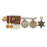 Three British Military World War II medals, miniature medal group and Burma star Association badge :