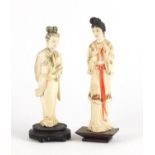 Two Chinese carved ivory figures of Geisha girls, each with wooden bases, the largest 16cm high :