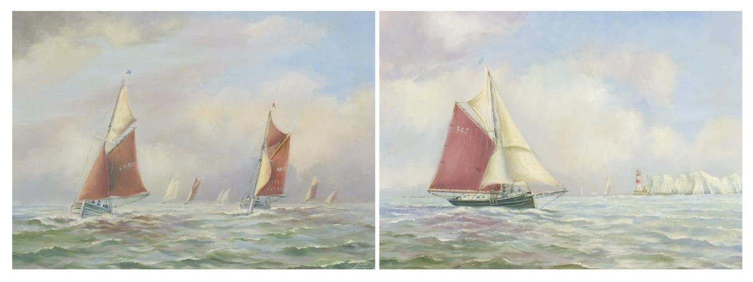 Monteague - East Coast Old Gaffers and Theodora, pair of marine oil on canvases, framed, each 49.5cm