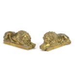 Pair of Victorian gilt brass recumbent lions, 22cm in length : For Further Condition Reports