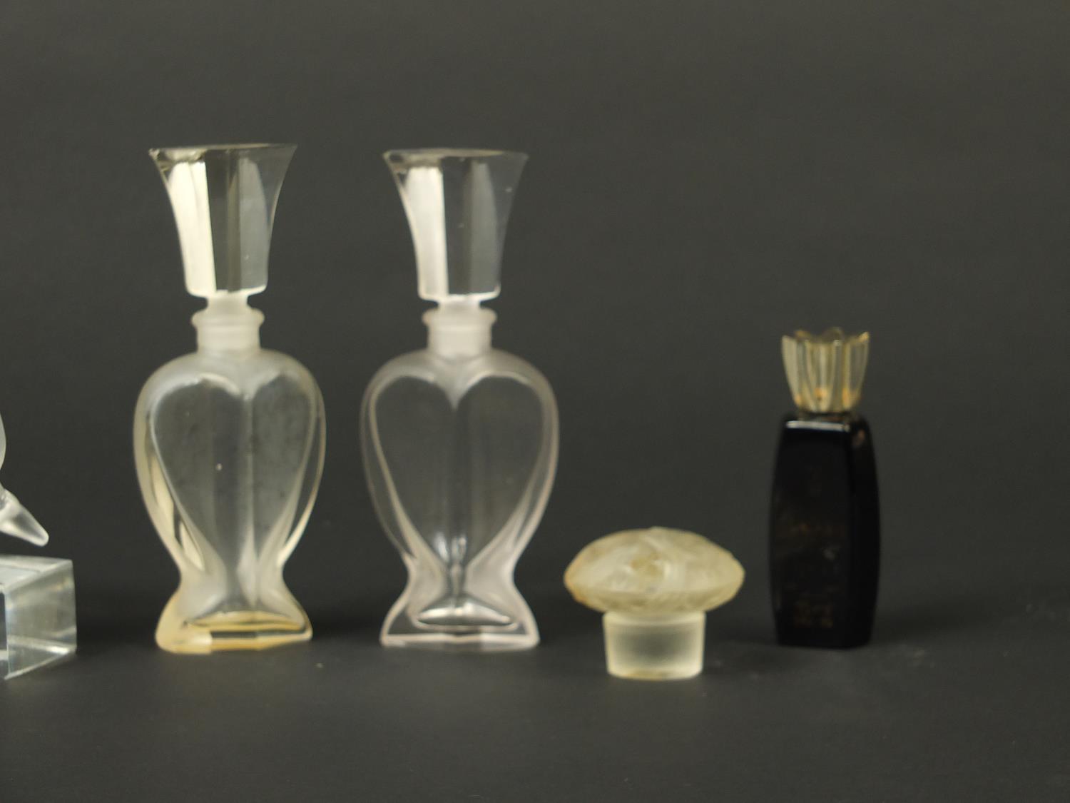 Art Deco glassware including a Lalique bull paperweight and scent bottles, the bull 11cm in length : - Image 3 of 7
