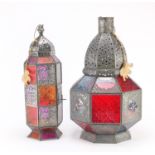 Two candle holders with colourful glass panels, the largest 45cm high : For Further Condition