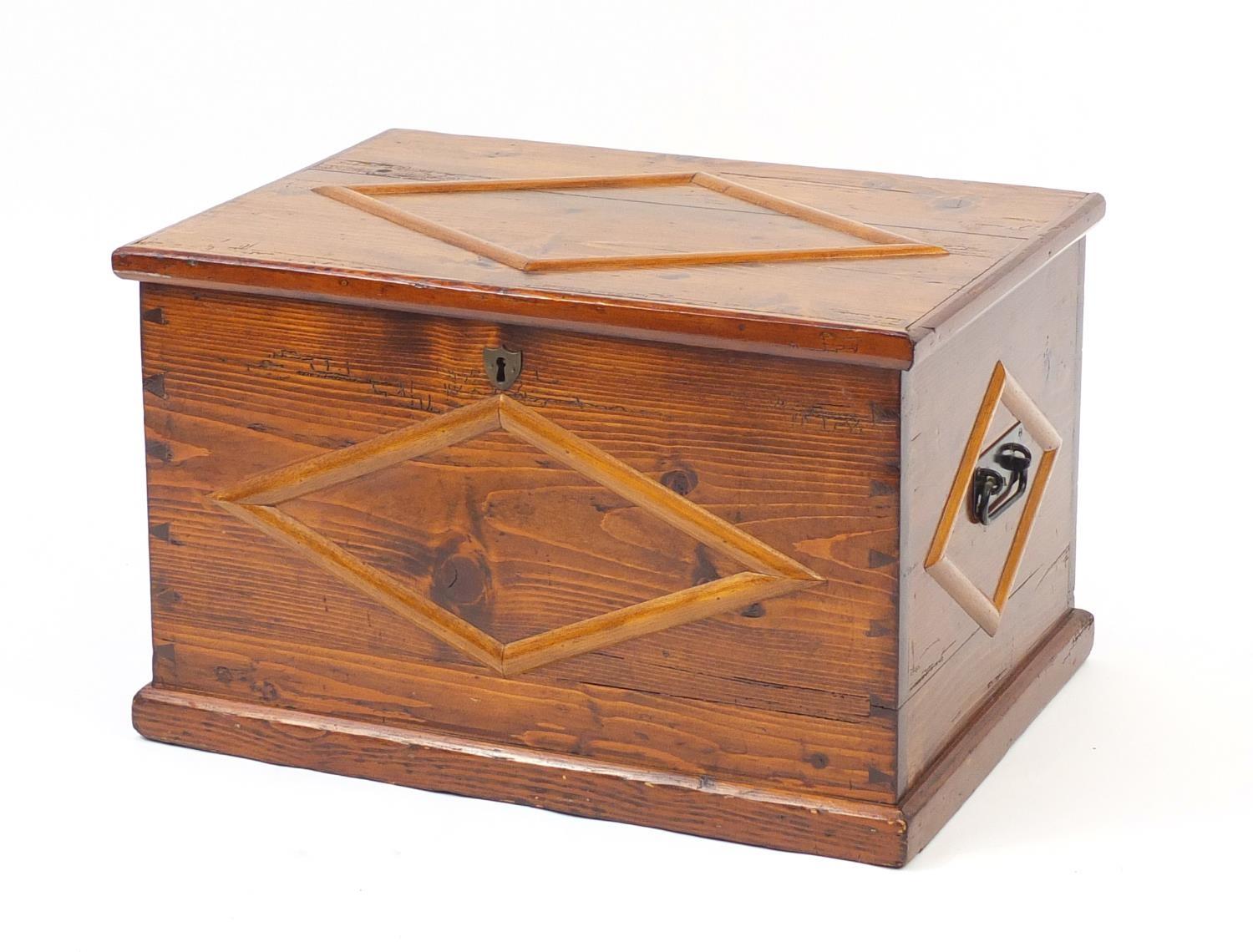 Large pine work box with hinged lid and lift out tray, housing a large selection of sewing equipment