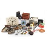 Objects including lighters, vintage cameras, porcelain clock and shoe stretchers : For Further