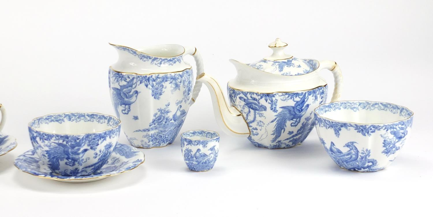 Royal Crown Derby blue and white porcelain tea service, decorated with birds of paradise, the teapot - Image 3 of 6