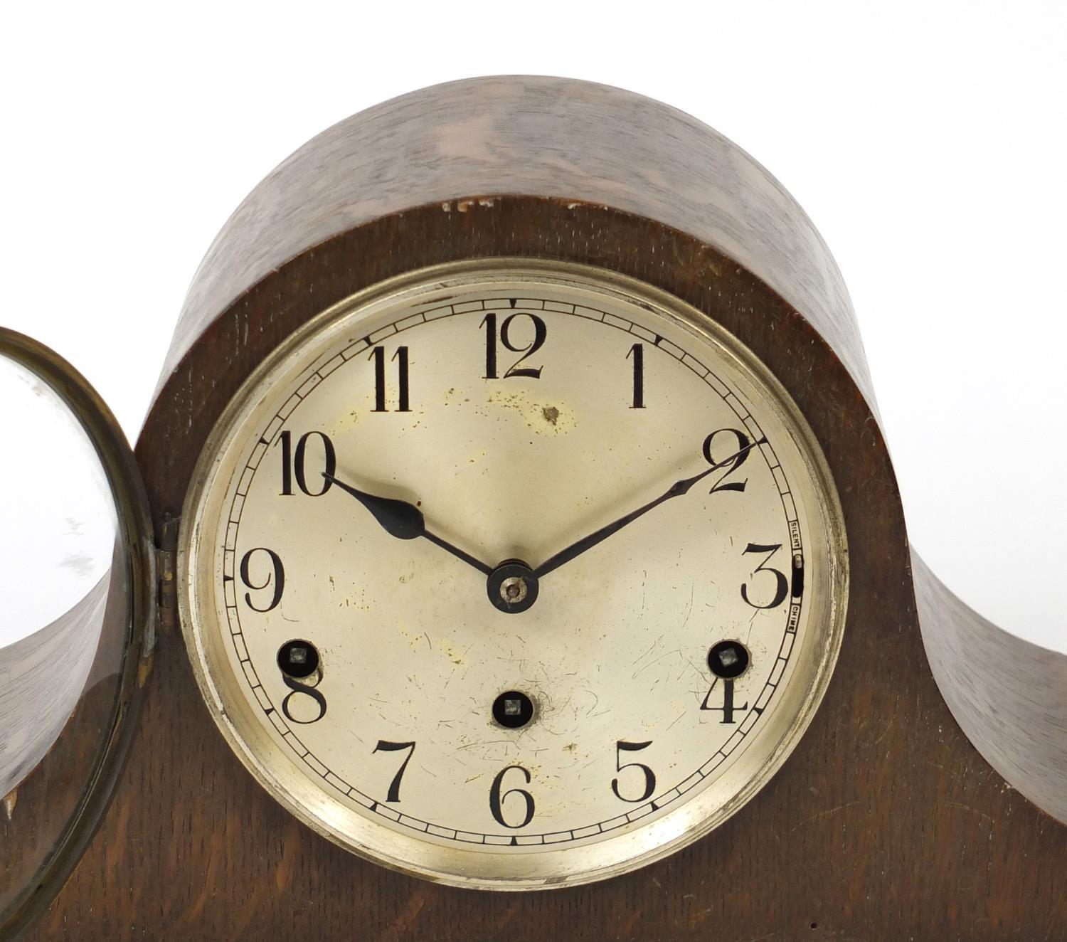 Oak cased Napoleon hat shaped mantel clock, with Westminster chime, 50cm wide : For Further - Image 2 of 6