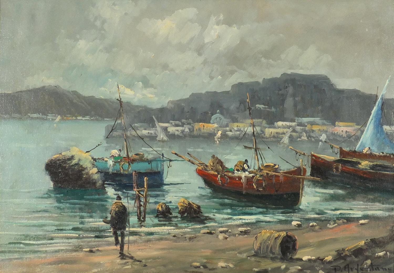 Moored fishing boats, oil on board, framed 66.5cm x 46.5cm x : For Further Condition Reports