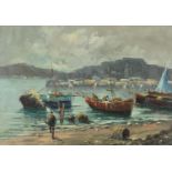 Moored fishing boats, oil on board, framed 66.5cm x 46.5cm x : For Further Condition Reports