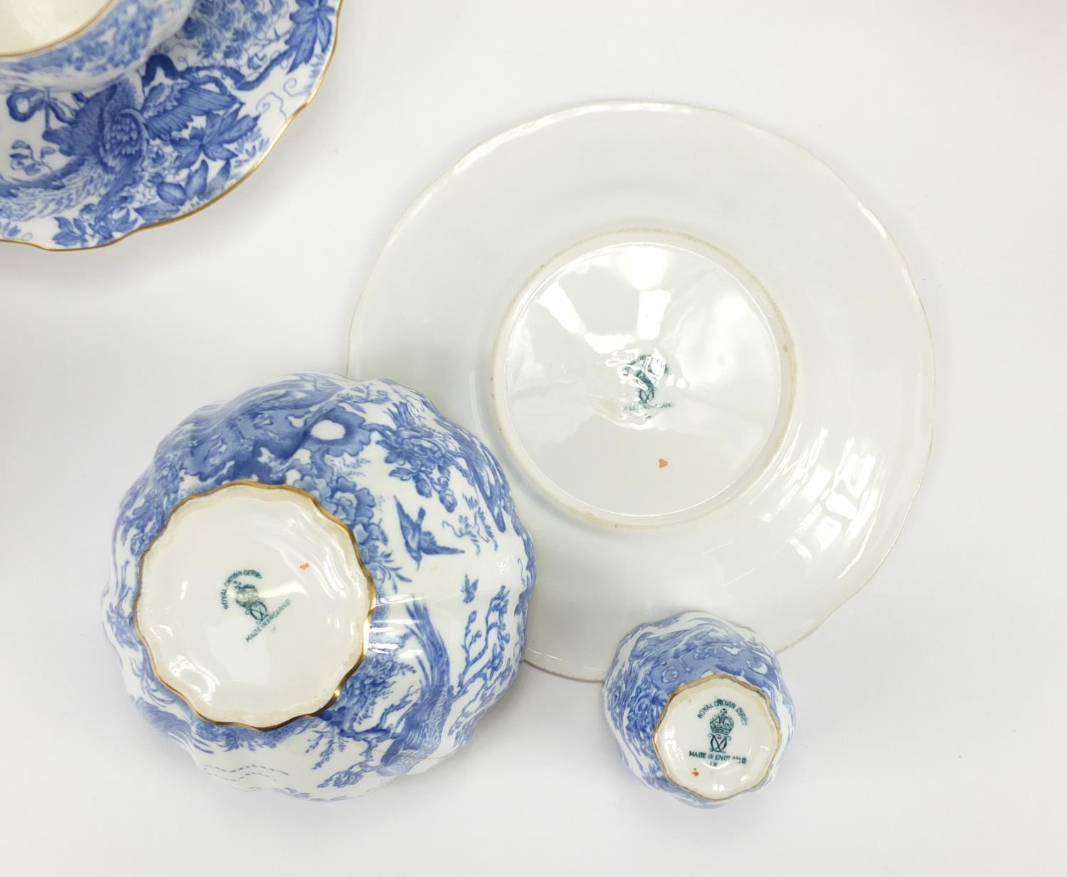 Royal Crown Derby blue and white porcelain tea service, decorated with birds of paradise, the teapot - Image 5 of 6