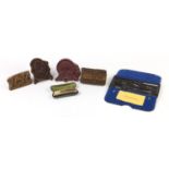 Four carved wood printing blocks, set of Harling drawing instruments and Comet harmonica : For