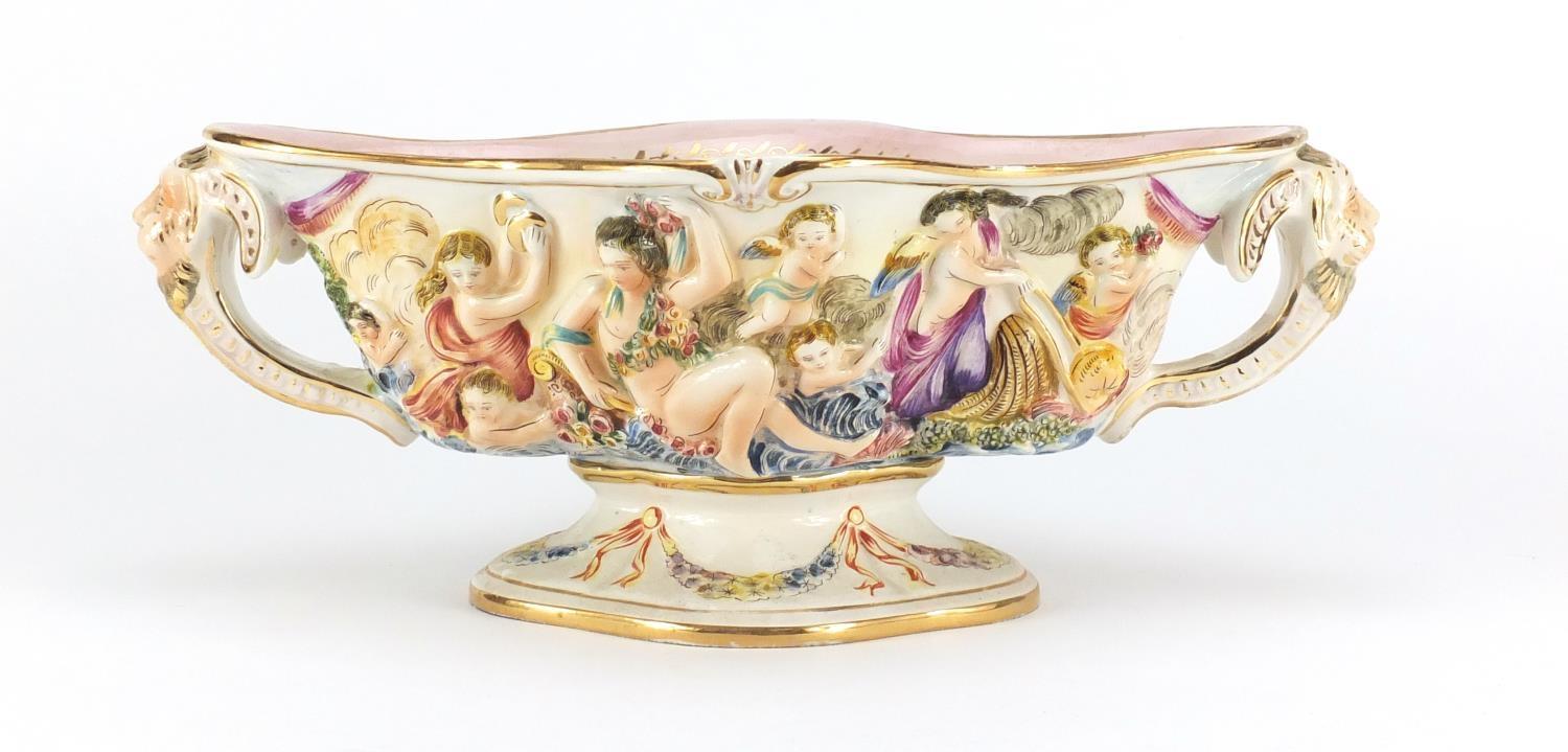 Italian porcelain centre piece with twin handles by Capodimonte, hand painted and decorated in - Image 3 of 5