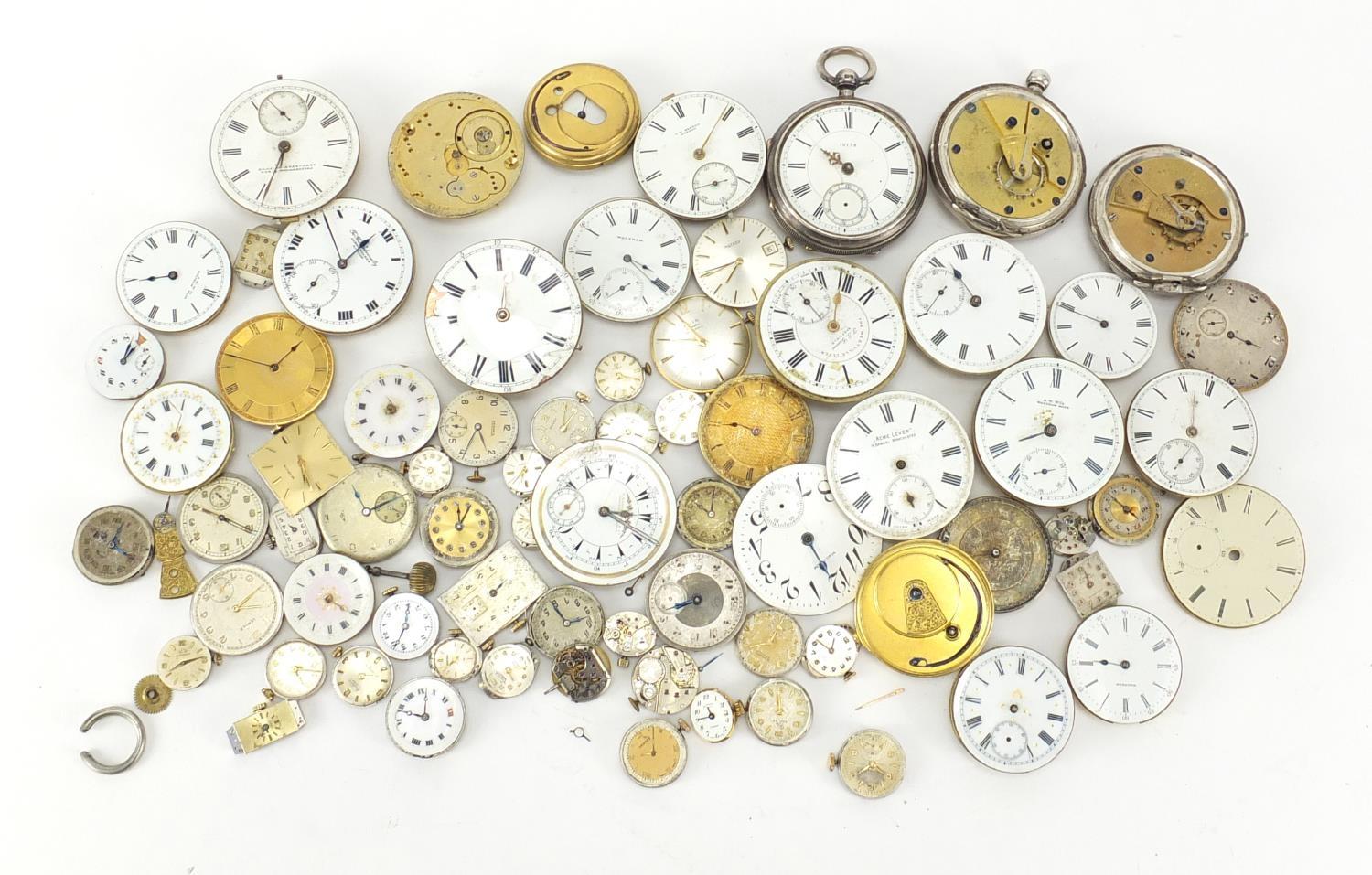 Group of pocket watch and wristwatch movements and silver cases including Waltham, Acme Lever and