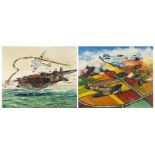 James Sims - Spitfire and Sunderland on Patrol, two Military interest oil on boards, framed, each