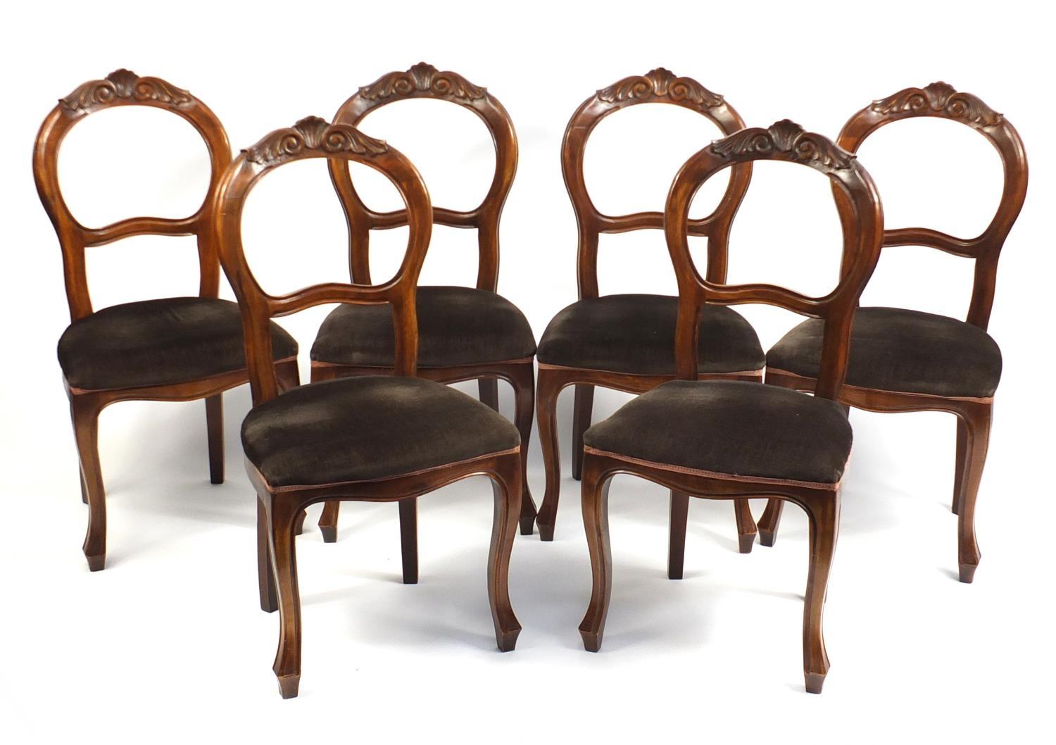 Set of six spoon back dining chairs with stuff over seats, 98cm high : For Further Condition Reports