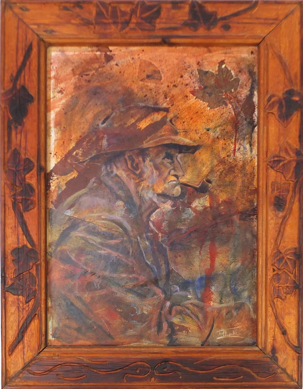 M Topham - Fisherman smoking a pipe, mixed media and collage on board, framed, 69cm x 46cm : For - Image 2 of 4