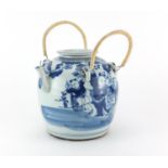 Large Chinese blue and white porcelain teapot with wicker handles, 22cm high excluding the handles :