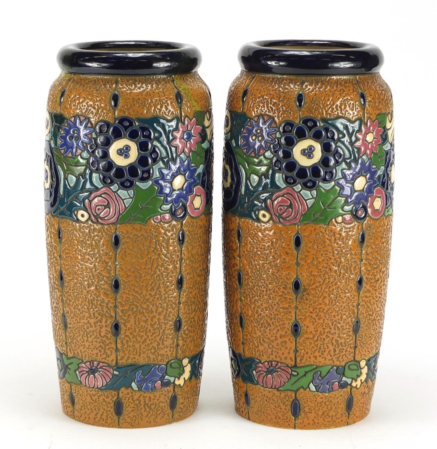 Large pair of Art Nouveau Czechoslovakian pottery vases by Amphora, enamelled with flowers, each - Image 3 of 5