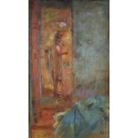 Nude female in an interior, Modern British school oil on board, bearing a monogram BD, framed,